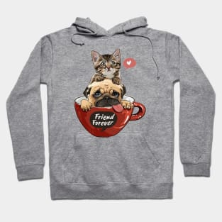 pug dog and little kitten in red coffee cup Hoodie